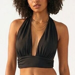 Princess Polly Black Halter Plunging V-Neck Ruched Crop Top US 4
